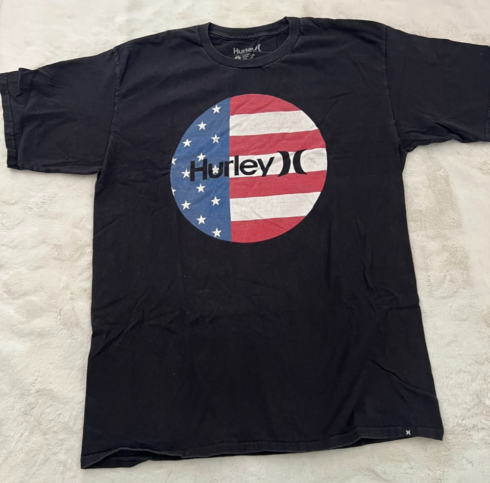 Hurley Mens Large Black American Flag Logo Graphic T Shirt Classic Fit Cotton